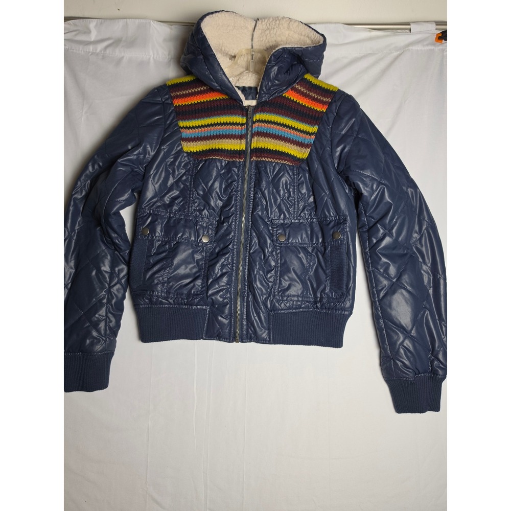 Mossimo Supply Co Navy Quilted Hooded Puffer Jacket Knit Stripe Yoke Large